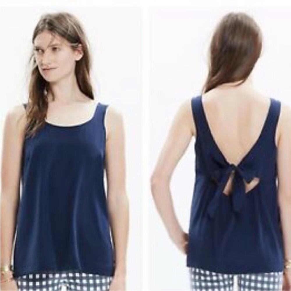Madewell Womens 100% Silk Sleeveless Tie Open Back Tank Top Navy Blue Size Small